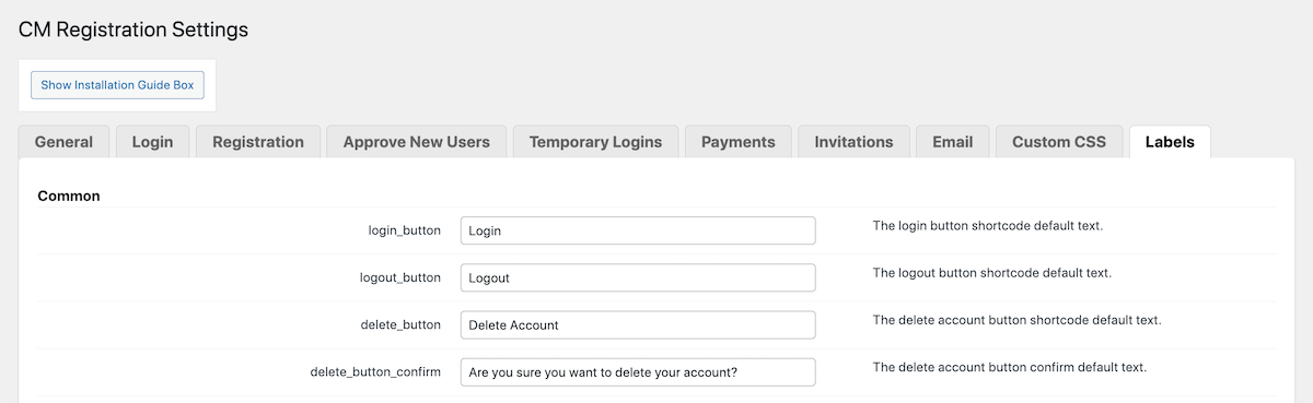 CM Registration Pro: تسميات الإعدادات