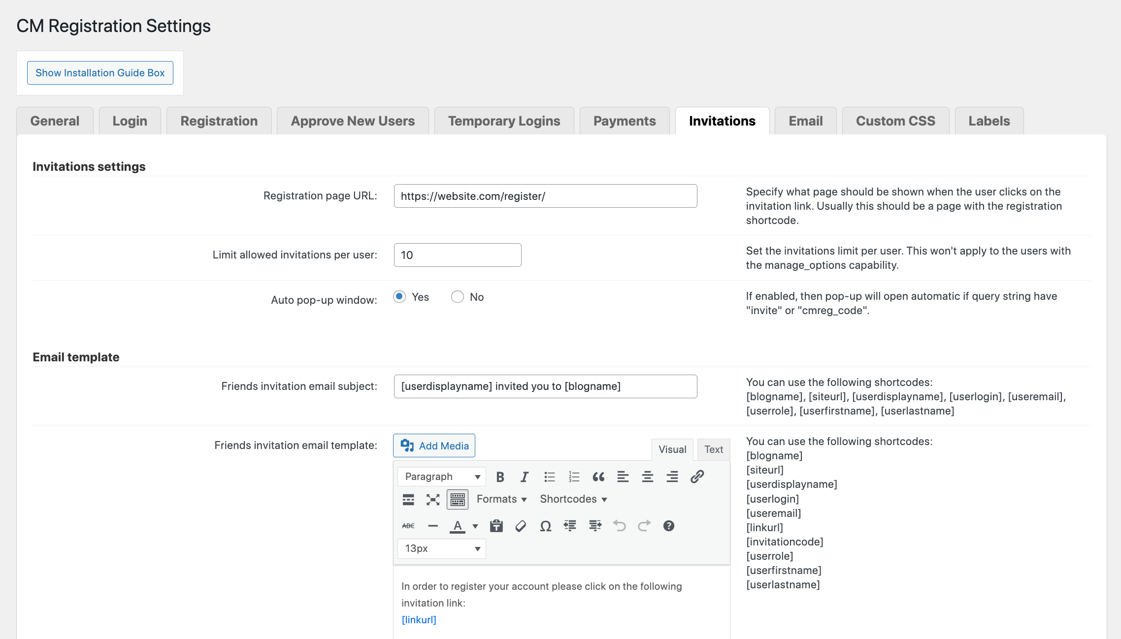 CM Registration Pro: إعدادات دعوات