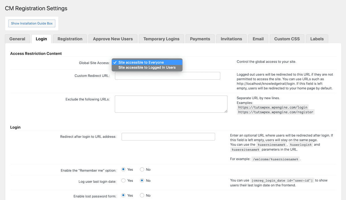 CM Registration Pro: إعدادات تسجيل الدخول
