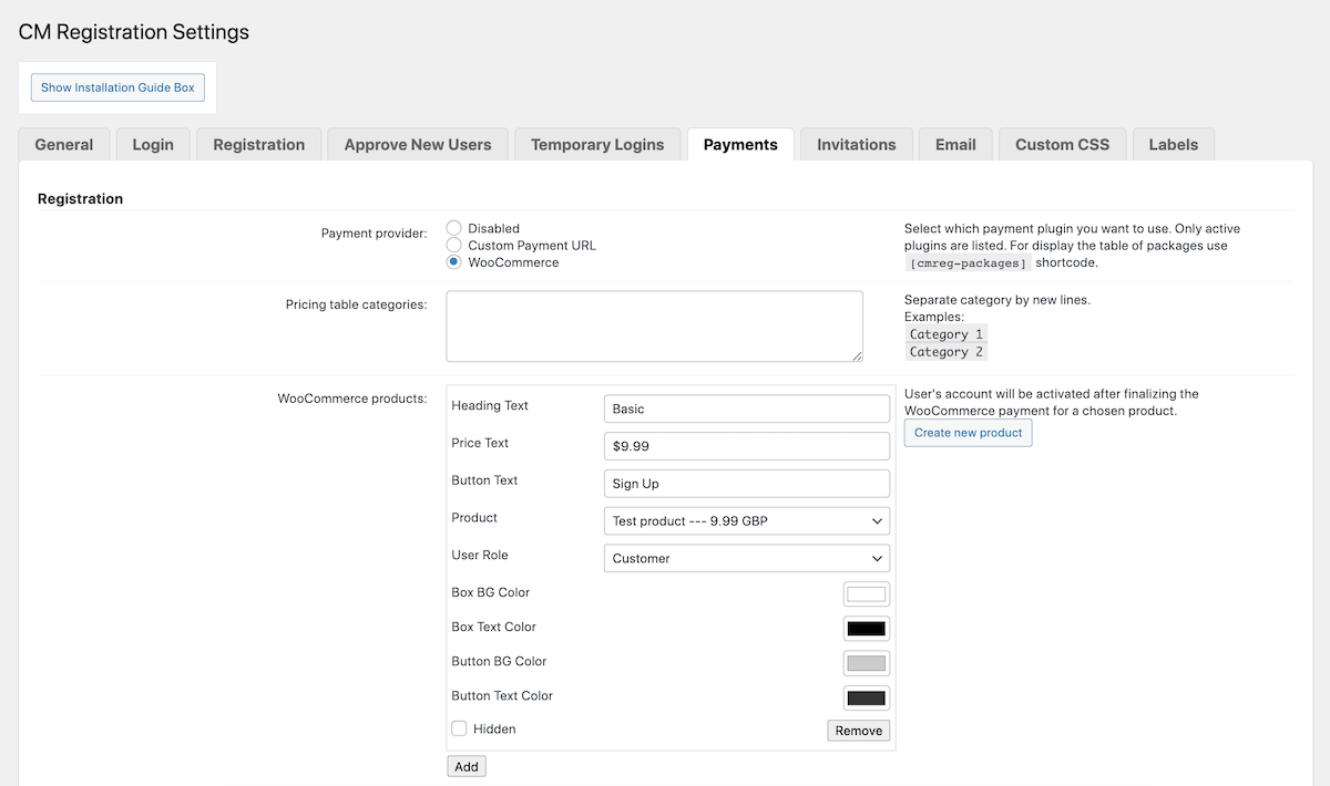 CM Registration Pro: إعدادات المدفوعات