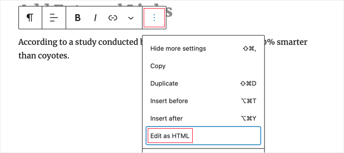 addlinkblockeditashtml Switching to the HTML View of a Block in the WordPress Block Editor