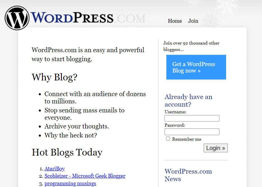 Cómo se veía WordPress.com en 2006, en la historia anterior de los creadores de sitios web.