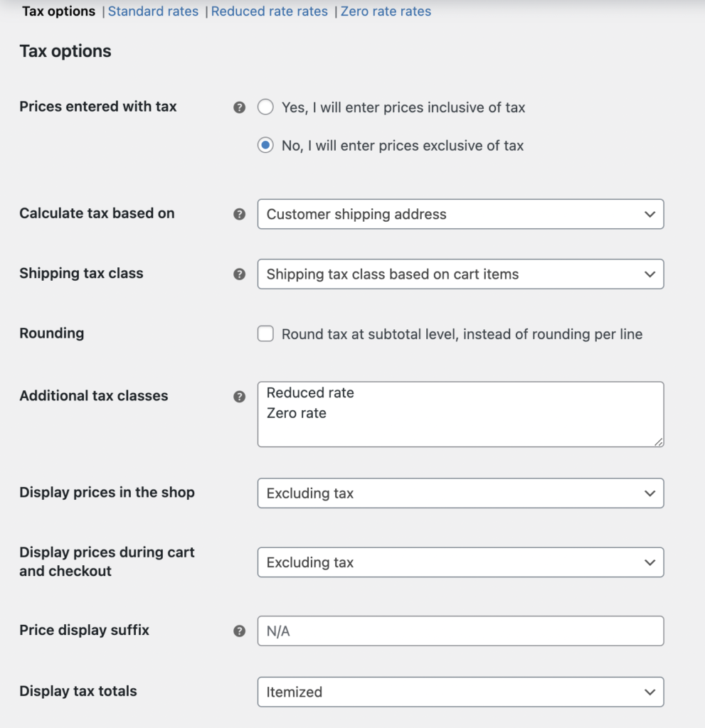 Configuración de opciones de impuestos