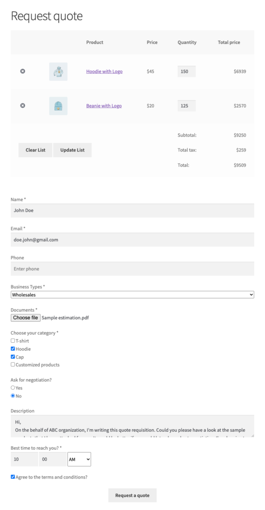 exemplu pentru formularul de cotație personalizat WooCommerce