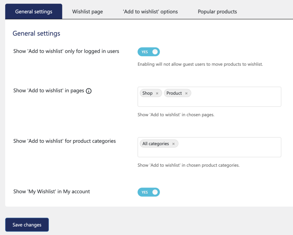WooCommerce 위시리스트의 일반 설정