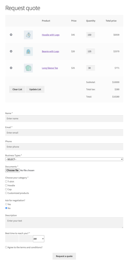 woocommerce 見積もり依頼フォームページ