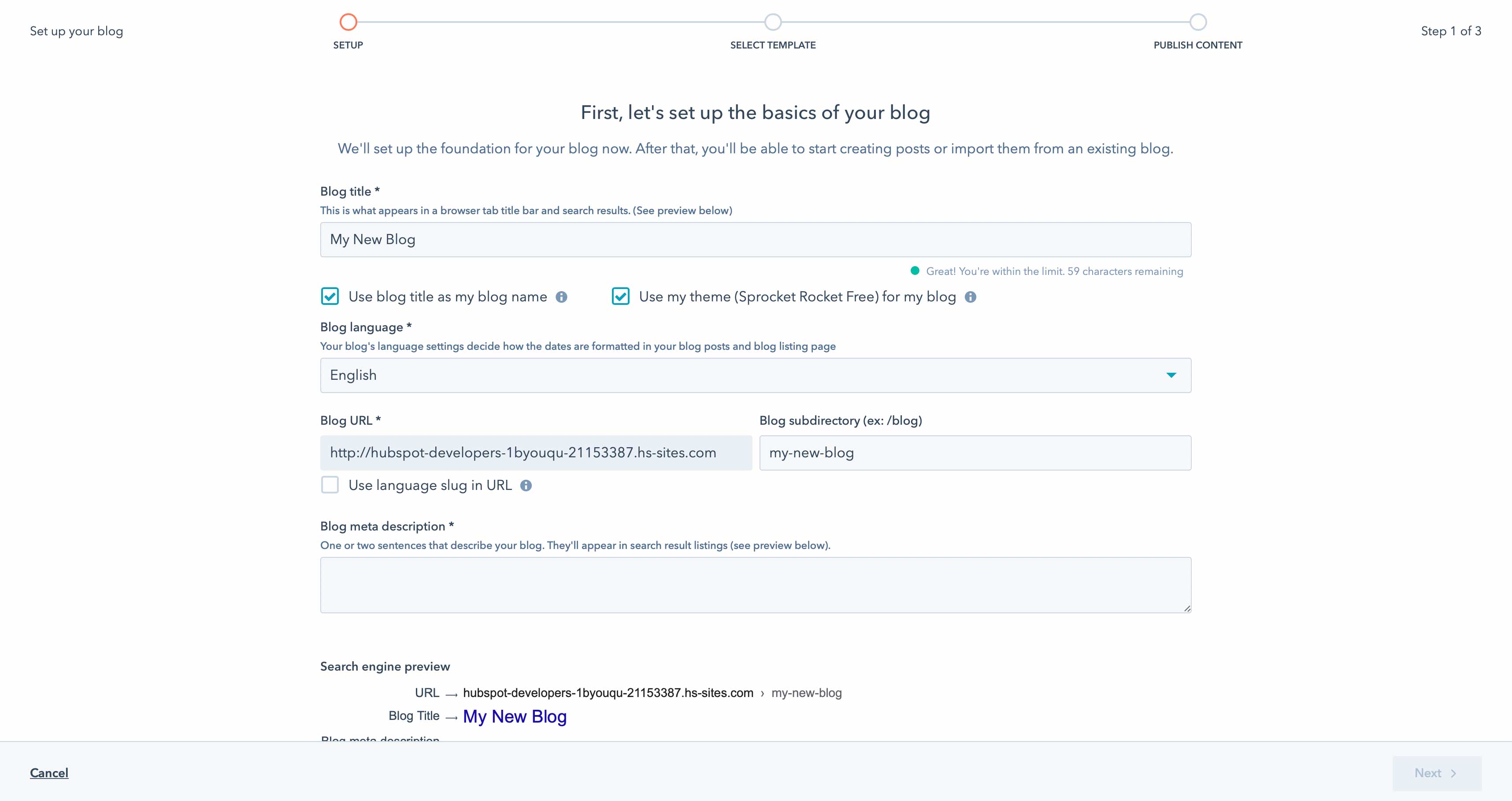 ตัวช่วยสร้างการตั้งค่าบล็อก HubSpot