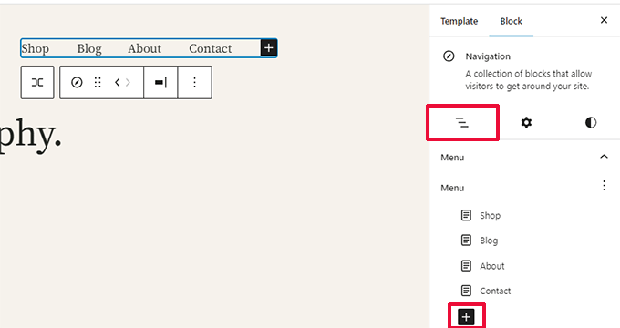 การจัดการรายการเมนูในแผงบล็อก Managing menu items in block panel
