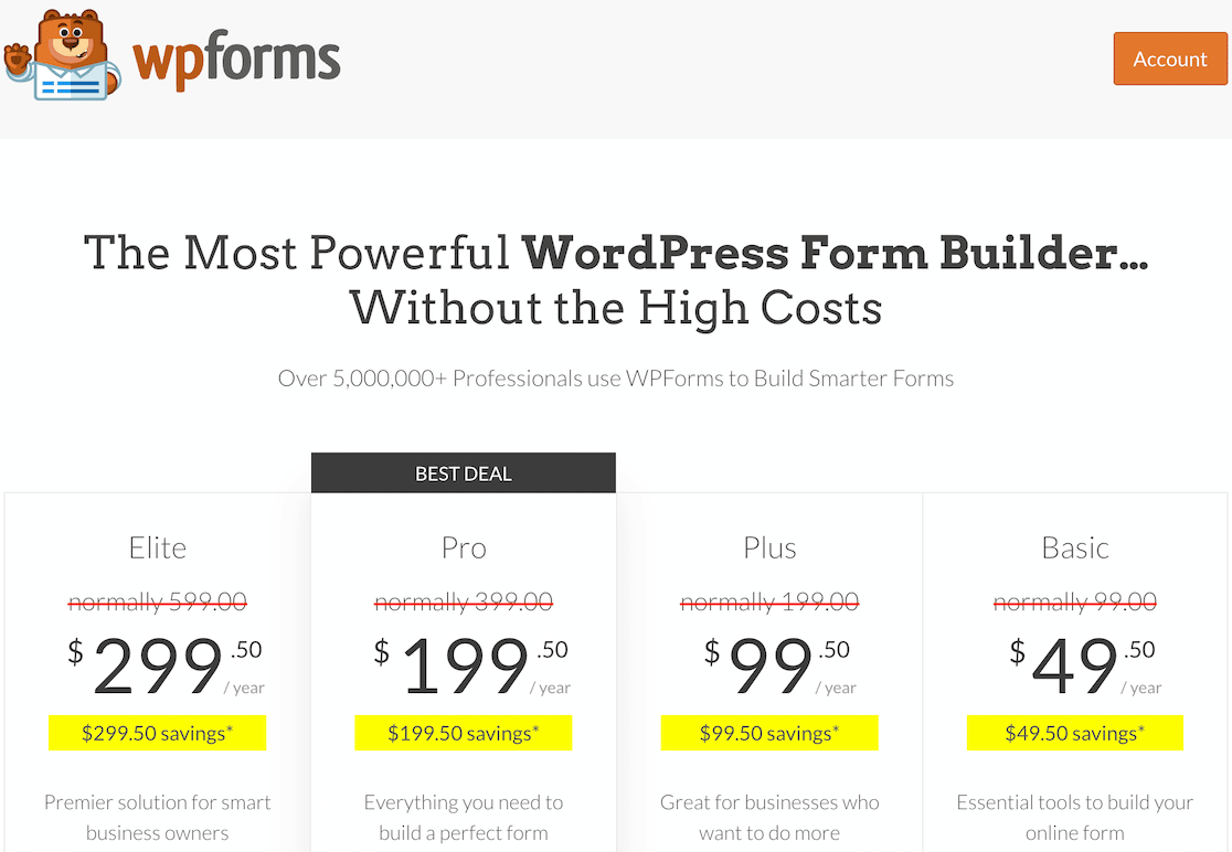 The WPForms pricing page