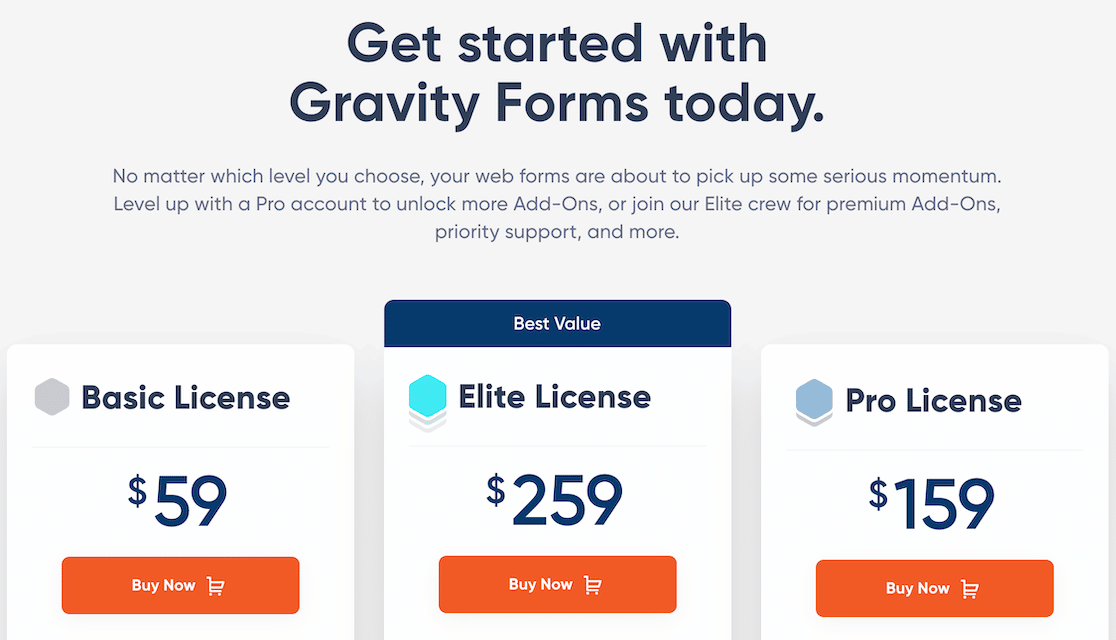 The Gravity Forms price page
