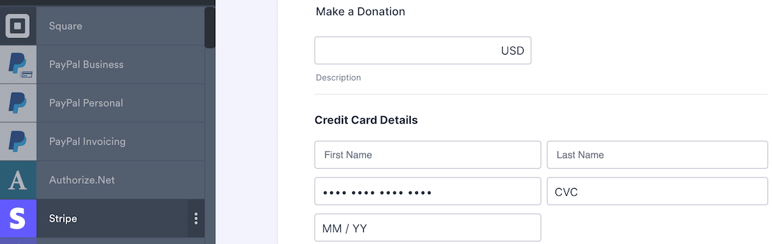 Some of the payment gateway options on Jotform
