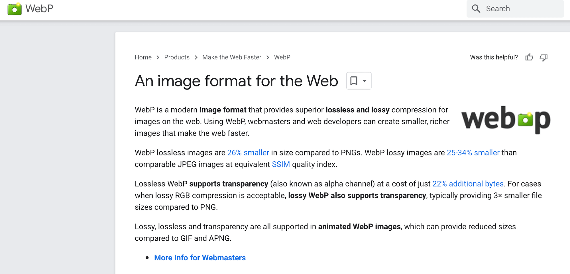 หน้า Google Developers อธิบายรูปแบบ WebP การทราบข้อมูลนี้สามารถช่วยให้ผู้ใช้ตัดสินใจระหว่าง AVIF กับ WebP