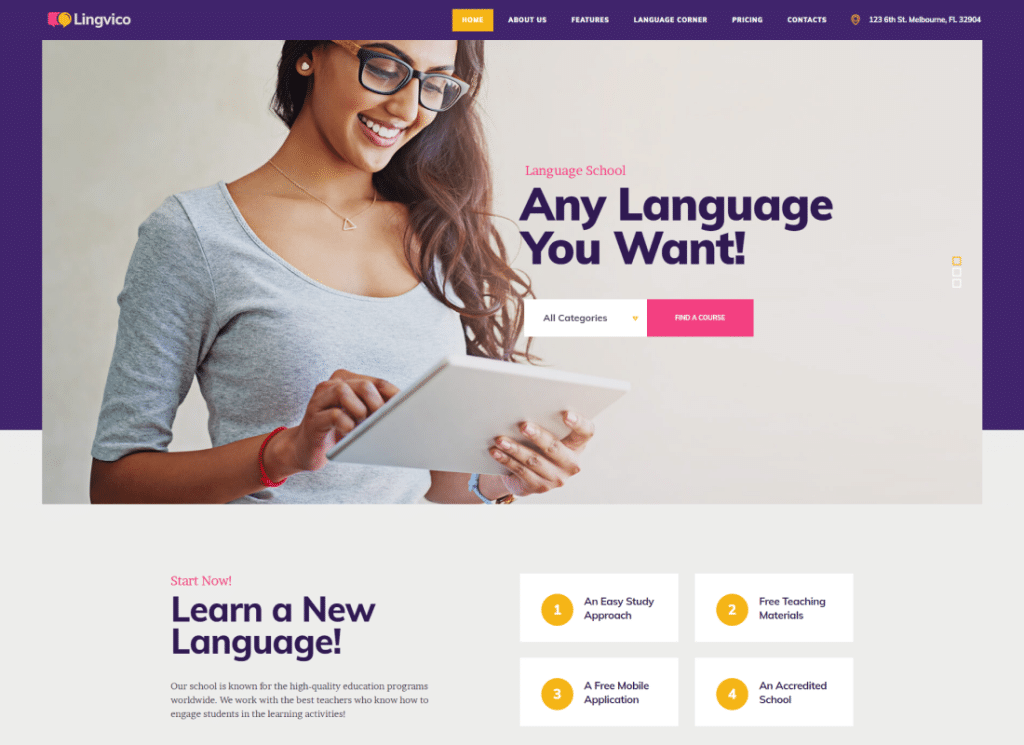 Lingvico - 言語センターとトレーニング コースの WordPress テーマ