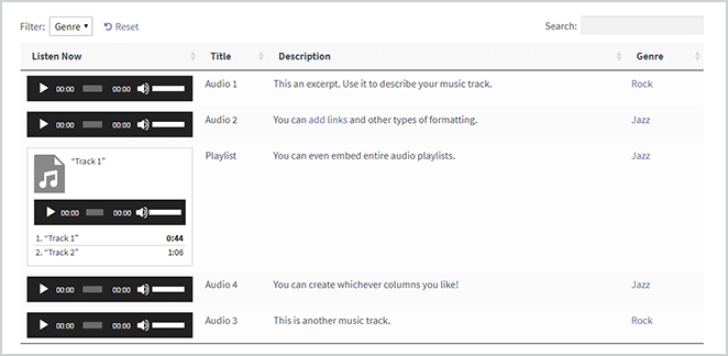 ภาพหน้าจอของตารางไดนามิกเสียงใน wordpress