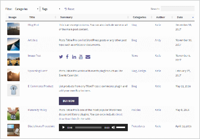 ภาพหน้าจอตัวอย่างตารางแบบไดนามิกใน wordpress
