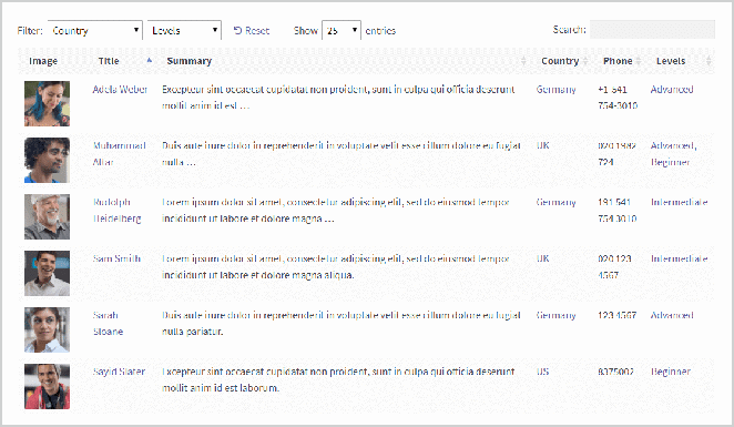 ผู้เขียนท้องถิ่นในตารางไดนามิกในภาพหน้าจอตัวอย่าง wordpress