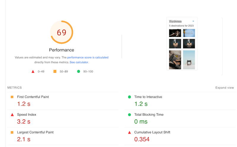 Core Web Vitals без Imagify — Источник: PSI