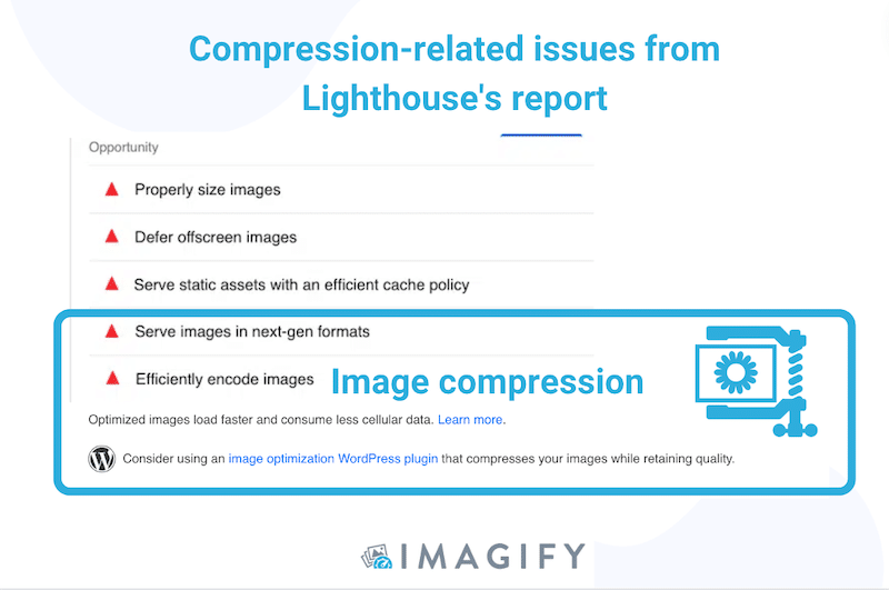 Deux opportunités PSI concernant la compression d'images : servir des images dans des formats de nouvelle génération et encoder efficacement des images - Source : Imagify