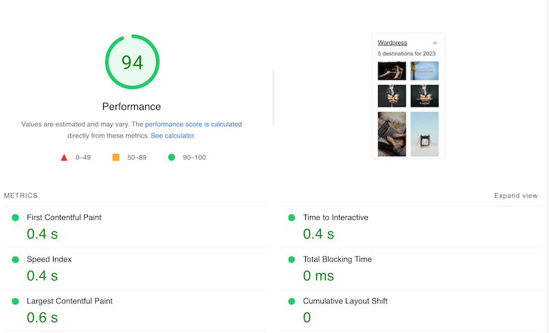 Core Web Vitals ditingkatkan dengan Imagify dan gambar yang dioptimalkan - Sumber: PSI