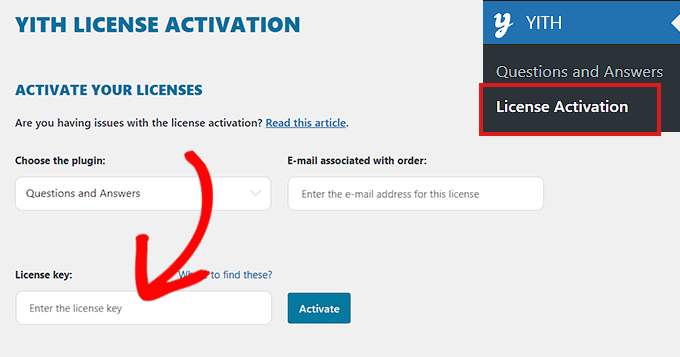 使用许可证密钥激活您的 YITH 插件 Activate your YITH plugin with the license key