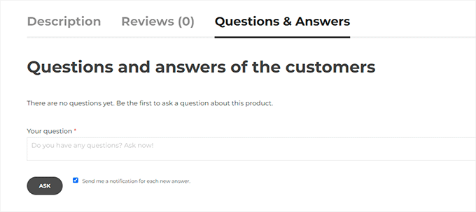 产品页面下方的问题表 Questions form below product pages