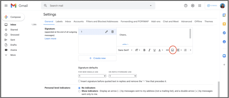 Красный кружок вокруг параметра «Вставить изображение» в настройках подписи Gmail.