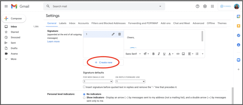 в общих настройках почтового ящика Gmail в разделе «Подпись». красный кружок вокруг опции «Создать новый»