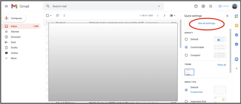 скриншот почтового ящика Gmail с красным кружком вокруг кнопки «Просмотреть все настройки»