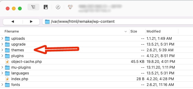 ftp クライアント ソフトウェアの wp-content/themes フォルダー