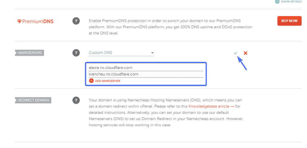 Cloudflareのネームサーバーを2つ入力