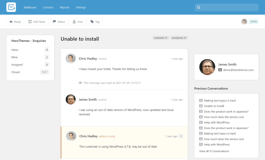 名為 Heroic Inbox 的 IT 票務系統的票務界面。