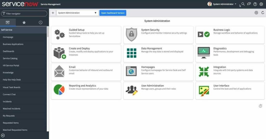 ServiceNow IT 票務軟件的儀表板。