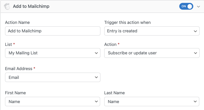 Configuración de acciones de formulario de Mailchimp