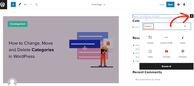 使用全站编辑器 (FSE) 添加嵌入块 Adding an Embed block using the full-site editor (FSE)