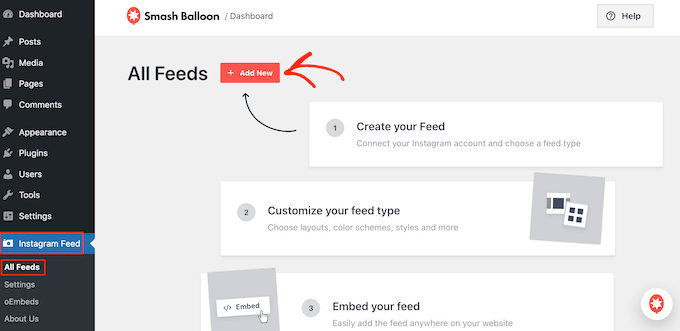 如何使用 Smash Balloon 创建新的社交媒体提要 How to create a new social media feed using Smash Balloon