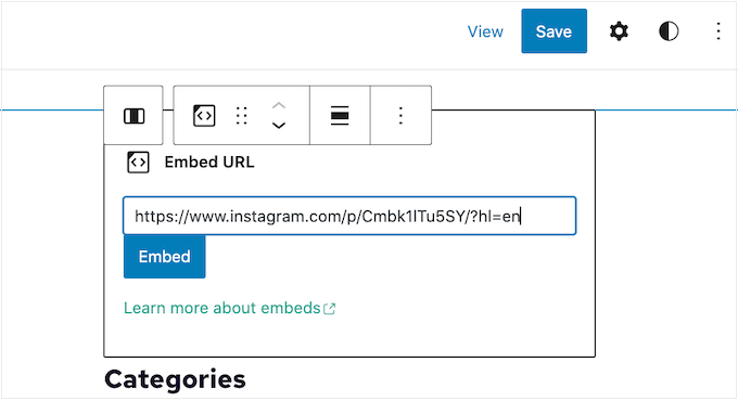 使用嵌入块添加 Instagram 提要 Adding an Instagram feed using an Embed block