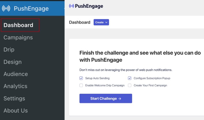 Tableau de bord du plugin WordPress PushEngage