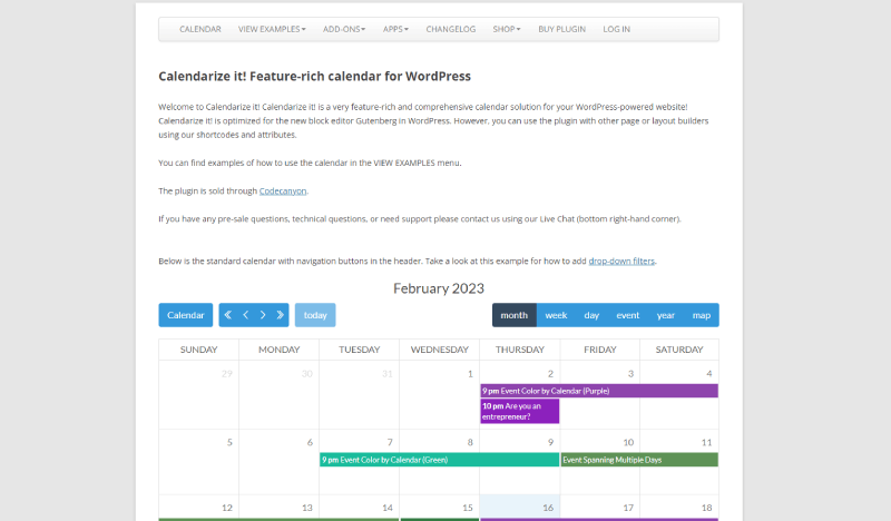 kalenderkan tangkapan layar situs web plugin acara