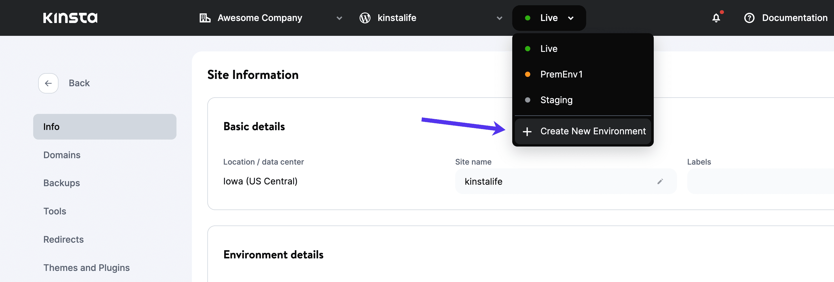 MyKinsta - Crie um novo ambiente
