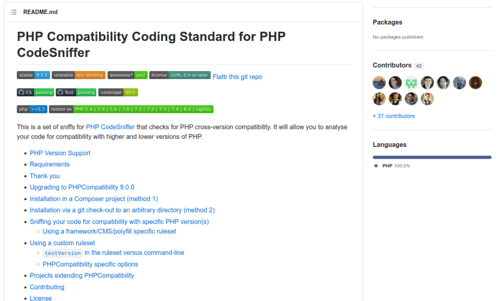 Captura de tela da página PHPCompatibility do GitHub