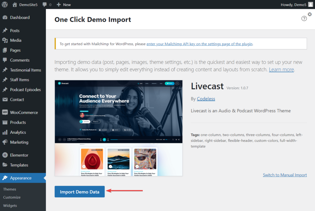 在 livecast wordpress 主题上导入演示数据