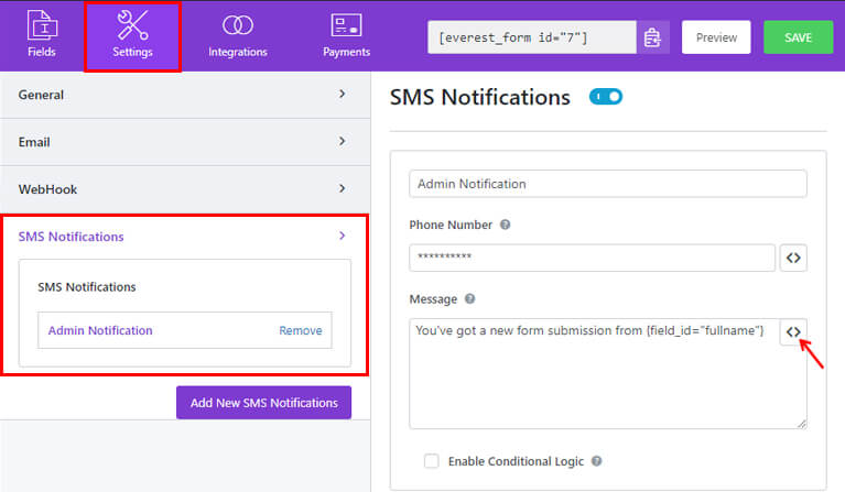 Контактная форма WordPress SMS-уведомление SMS-уведомление администратора