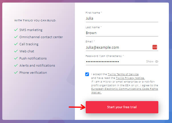 Начать бесплатную пробную версию Twilio
