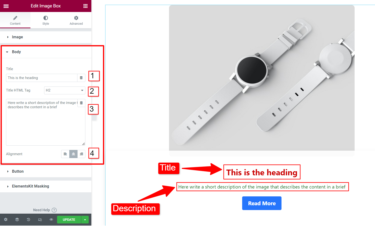 Personalize o conteúdo na caixa de imagem do Elementor