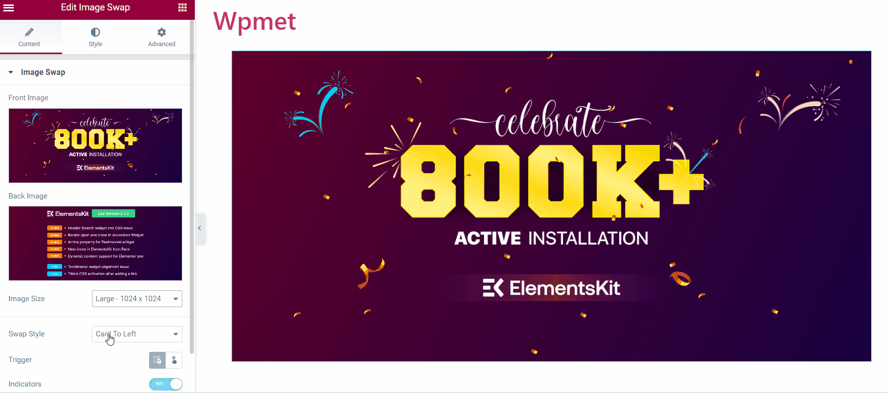 Escolha o efeito de troca no widget de troca de imagem Elementor
