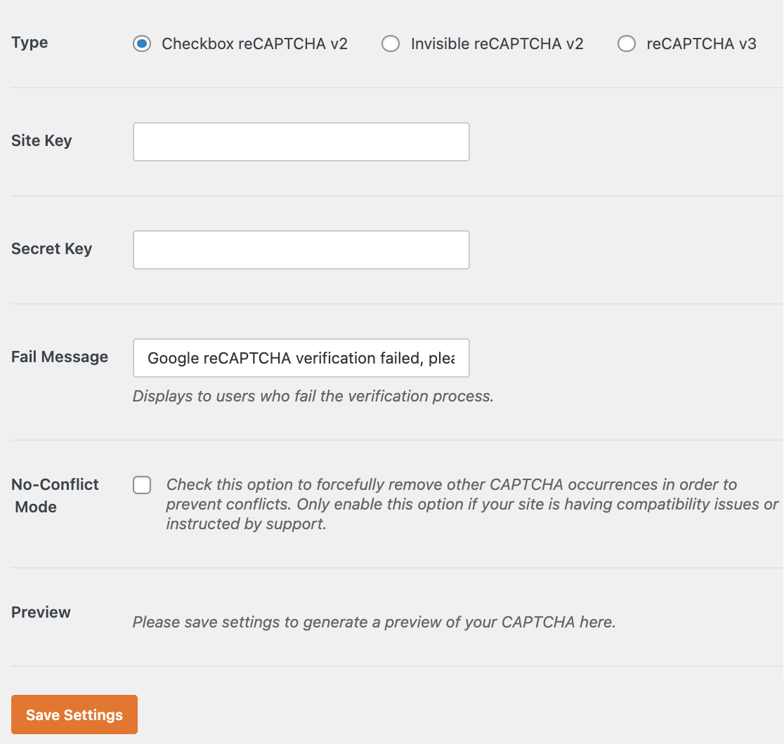 Entering reCAPTCHA settings