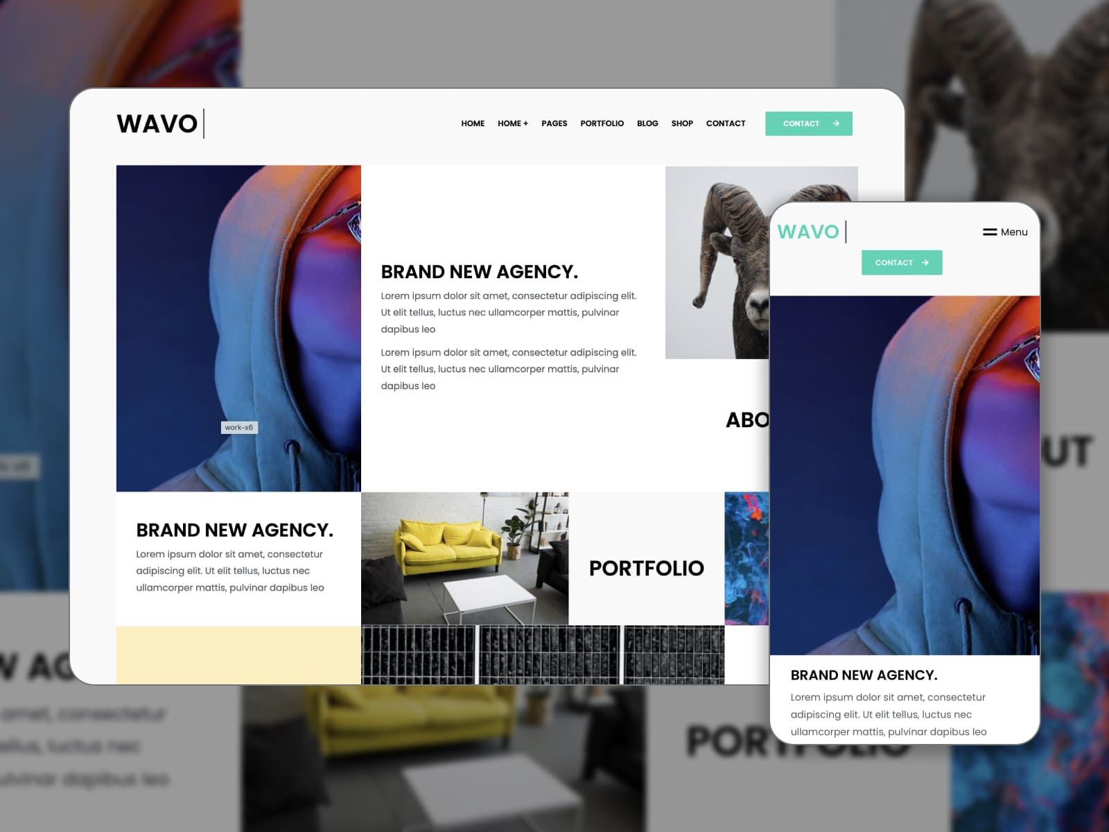 Коллаж демонстрационной страницы темы Wavo для портфолио WordPress.