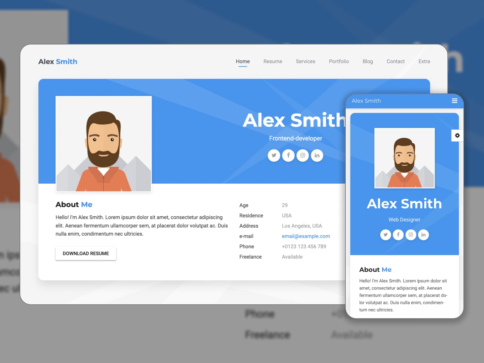 Коллаж демо-сайта CV, сделанный с помощью темы Aveo WordPress.