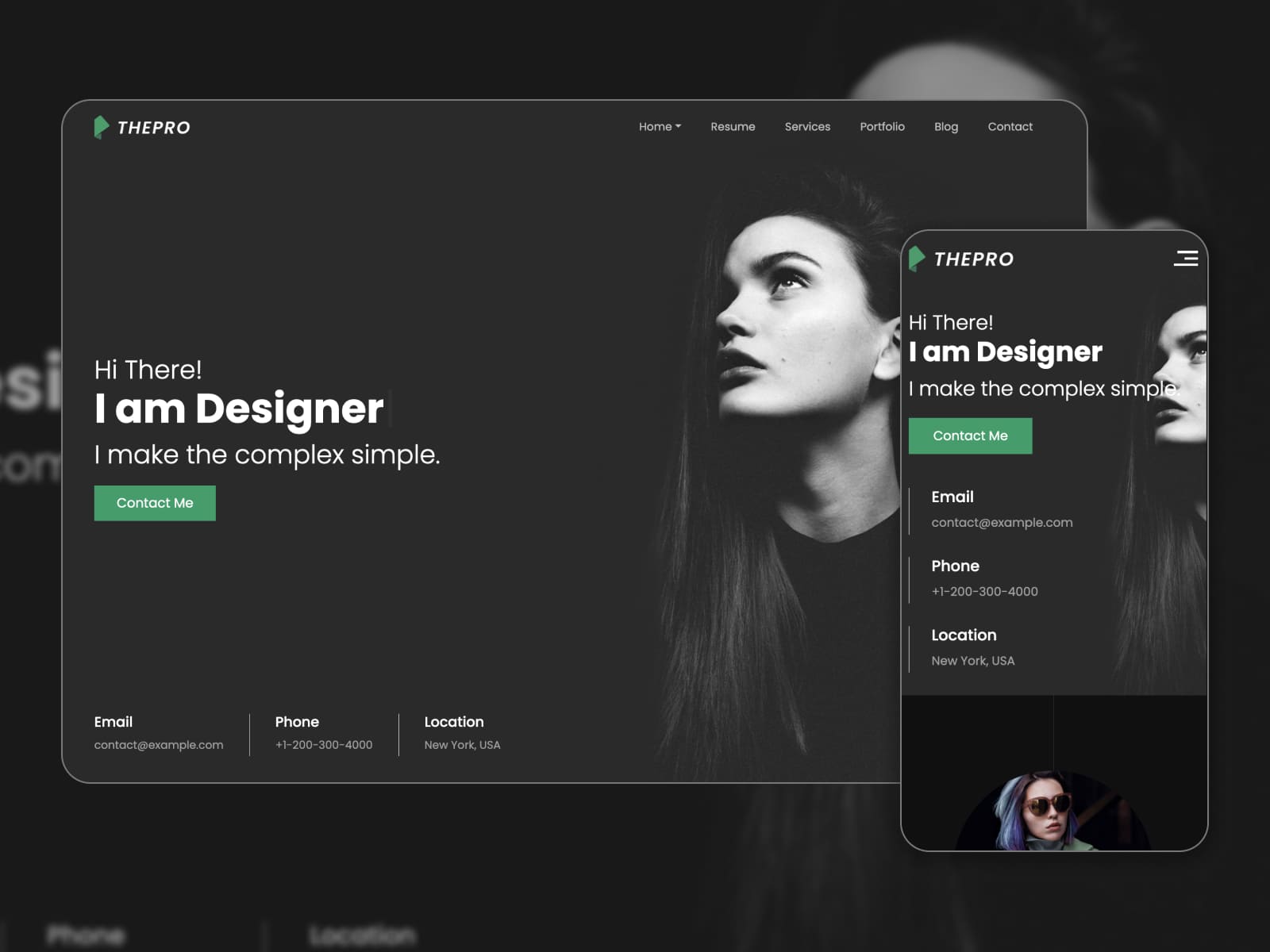 Коллаж демонстрационной страницы темы ThePro для личного портфолио WordPress в темном режиме.