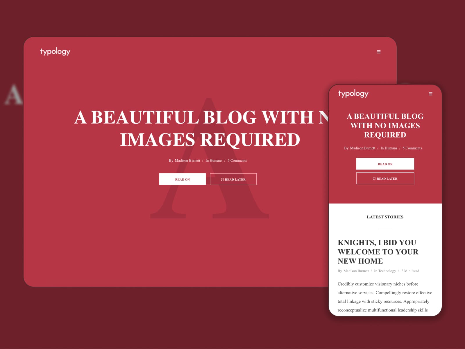 Коллаж демо-страницы темы WordPress личного блога «Типология» в красно-белых тонах без изображений.